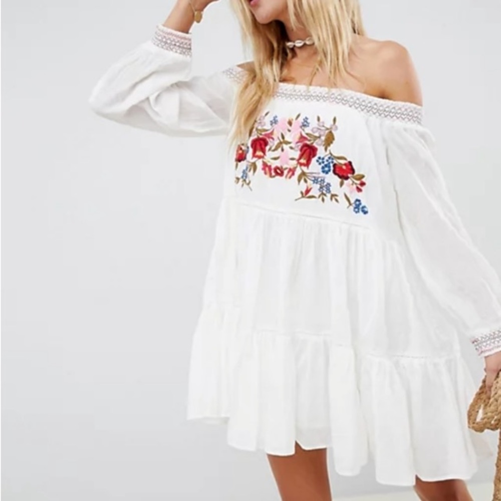 Free People Sunbeams Embroidered Off Shoulder Dress NWT